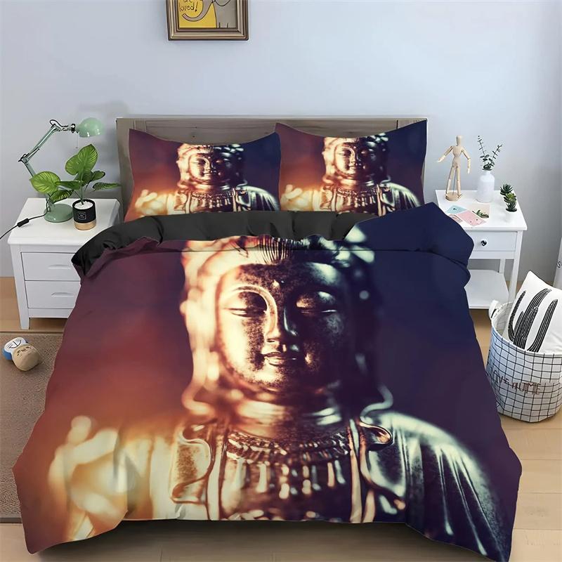 Mandala Buddha Duvet Cover Set King Size Exotic Ethnic Bohemian Bedding Set Golden Black Lotus Flowers Print Gorgeous Women Men