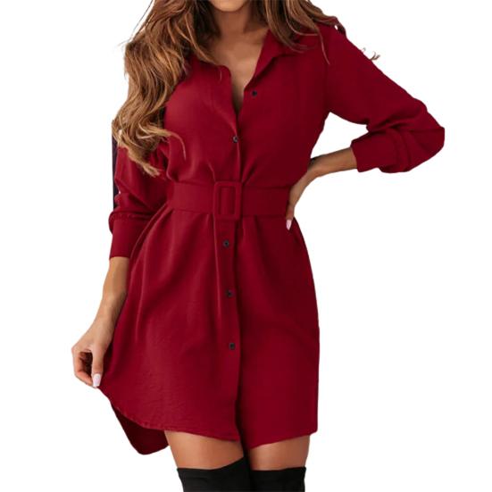 Damenkleid Einfarbig Umlegekragen Vintage Einreihig Langarm Minikleid für die Arbeit
