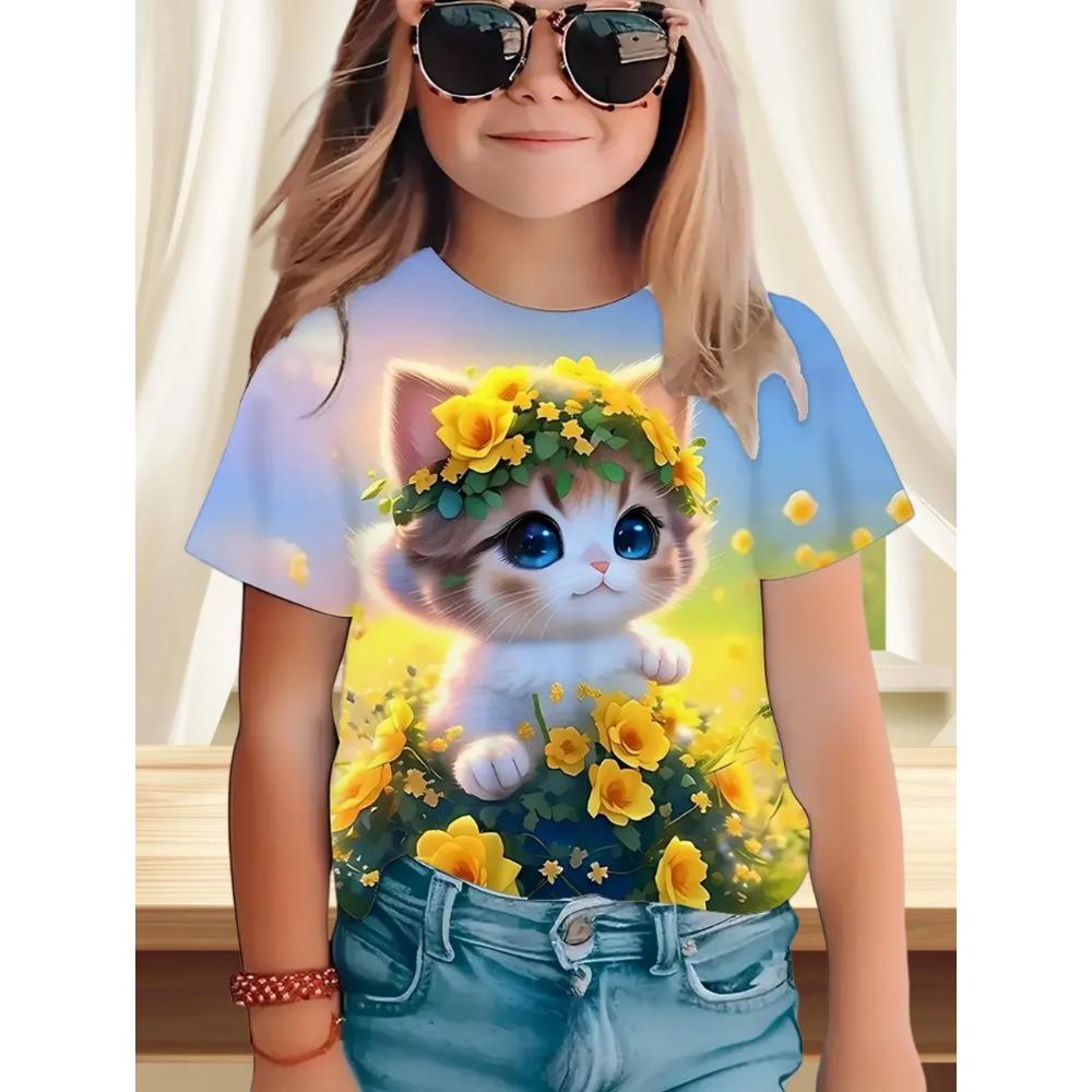 Funny Cat Pattern Children's 3D Digital Printing Fashion Casual Girl Round Neck Short Sleeved T-shirt