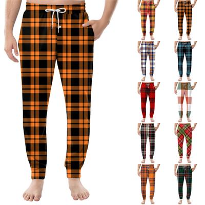 Men's Drawstring Pocket Casual Pants, Checkered Striped Printed Pocket Casual Pants, Home Sleeping Pants
