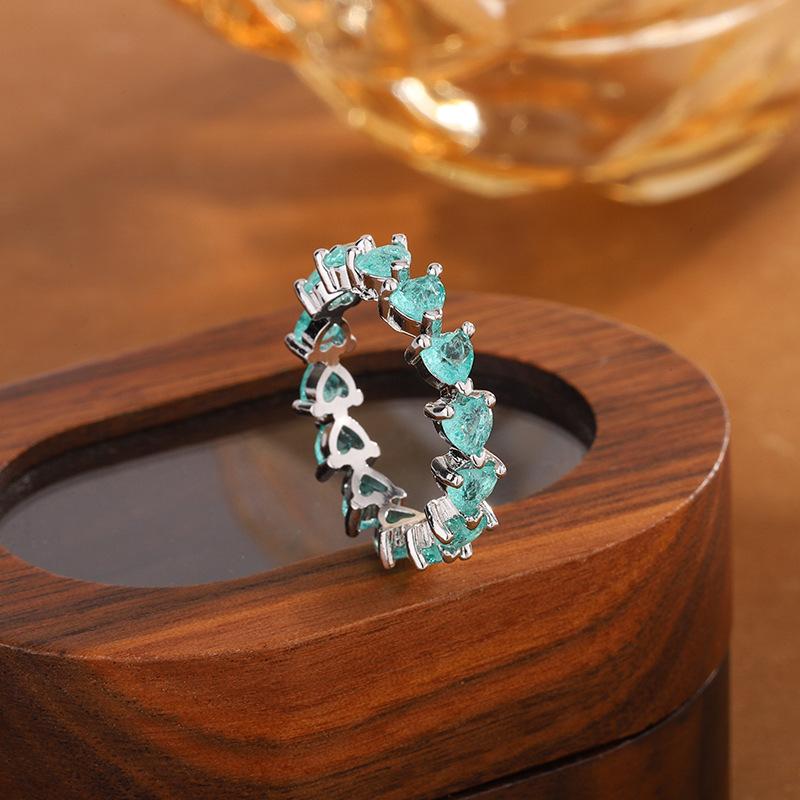 Luxury Emerald Paraiba Tourmaline Love Ring For Women  Silver Fashion Full Paved Heart CZ Eternity Jewelry Party Bridal Gift