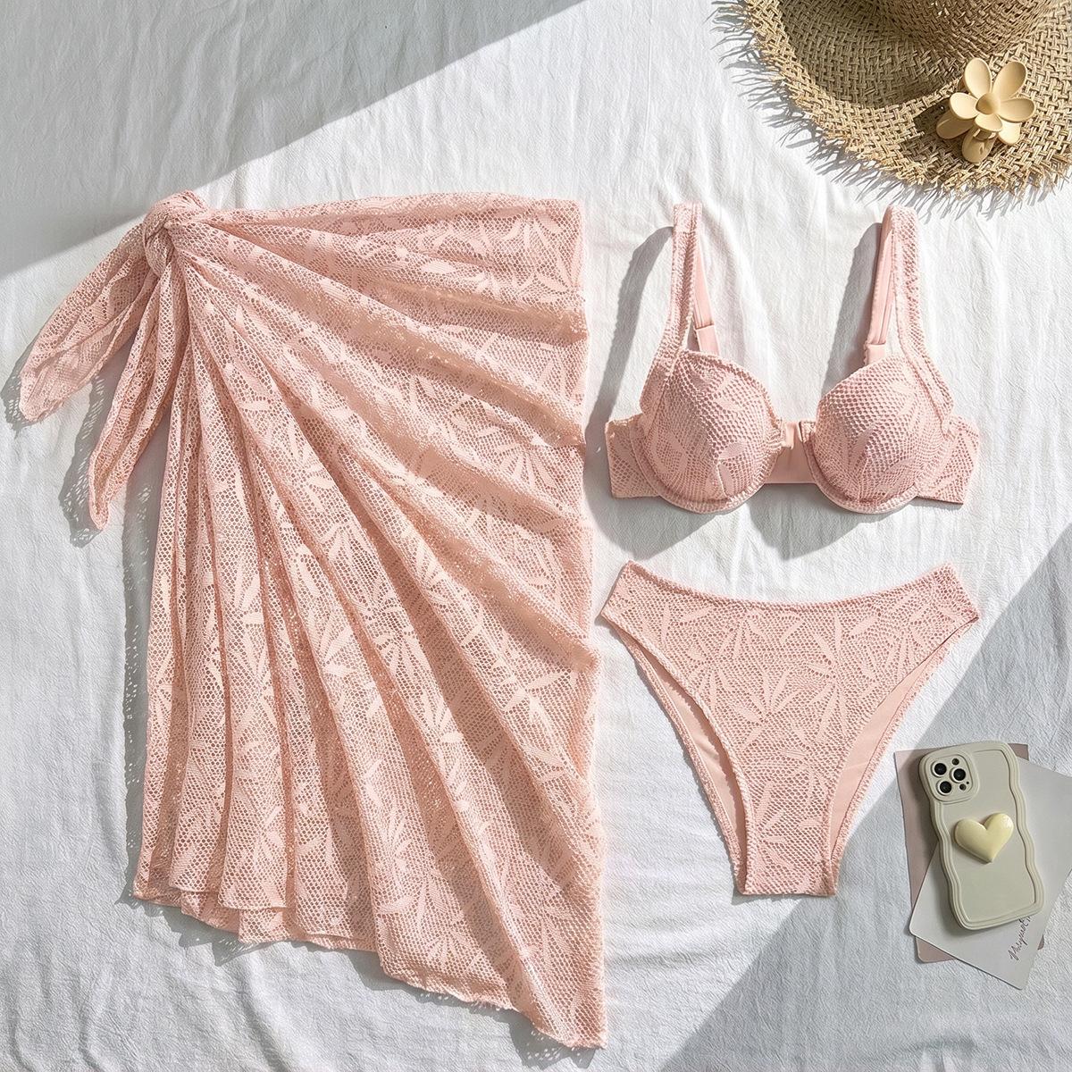 

2026 European and American New Wave Vacation Beach Hollow Lace Swimsuit Three-piece Swimsuit Bikini Bikini L