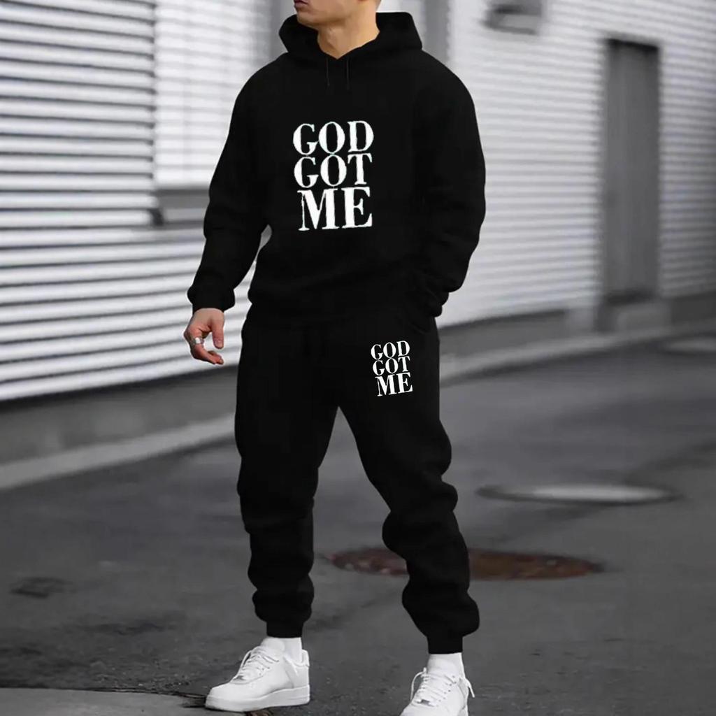 Unisex Trendy Letter Fleece Sweatshirt Set - Long Sleeve, Hooded, for Autumn & Winter