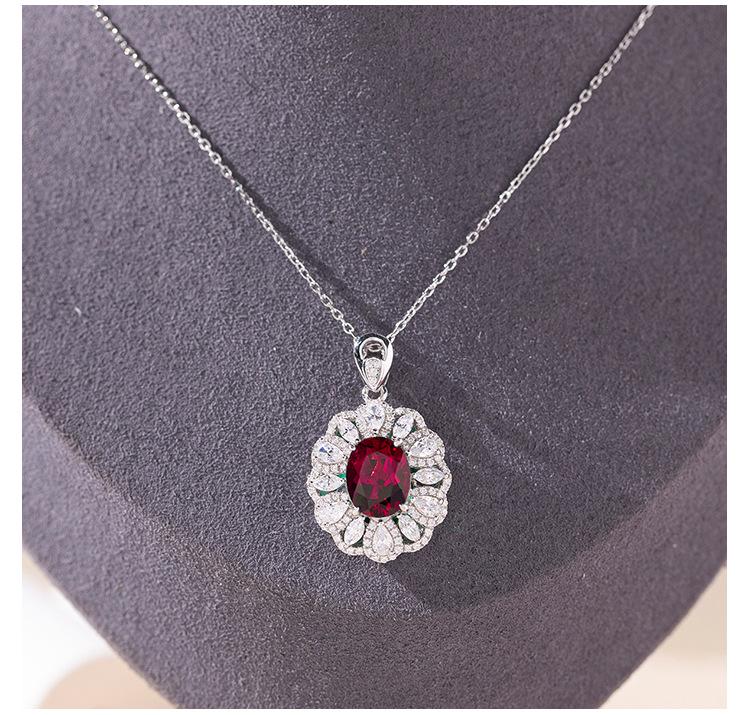 Set de bijuterii retro de curte european și american, în formă de ou, cu rubin cultivat roșu sânge de porumbel de 3 carate în argint S925.