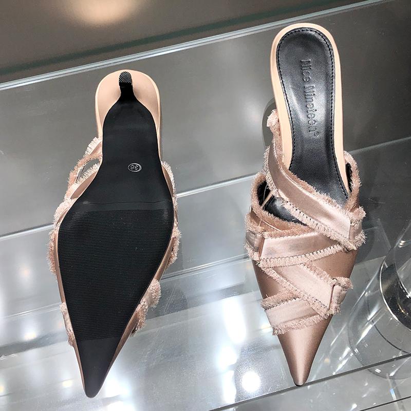 Fashion Medium Heel Shoes For Ladies 2025 Designer Fashion Denim Female Pointed Toe Pumps Heels Mules Slides Elegant Women Shoes