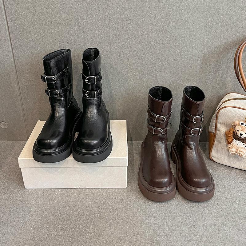 Cowhide~ Martin Boots Women's Autumn and Winter British Women's Leather Boots Thick-soled Versatile Knight Boots Chelsea Short Boots Medium Boots