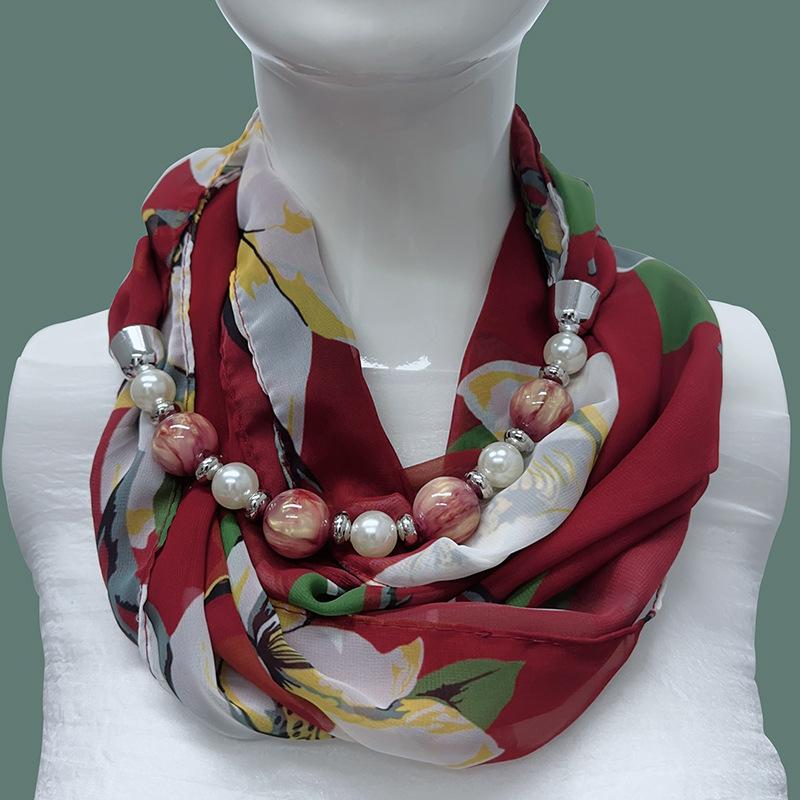 Chic Printed Scarf Necklace with Pearl and Bead Accents – Lightweight Chiffon Infinity Scarf for Women, Fashion Statement Accessory