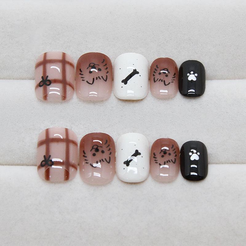 Autumn and winter brown plaid cartoon animal bow fashion vitality cute girl detachable nail art pieces 24 pieces