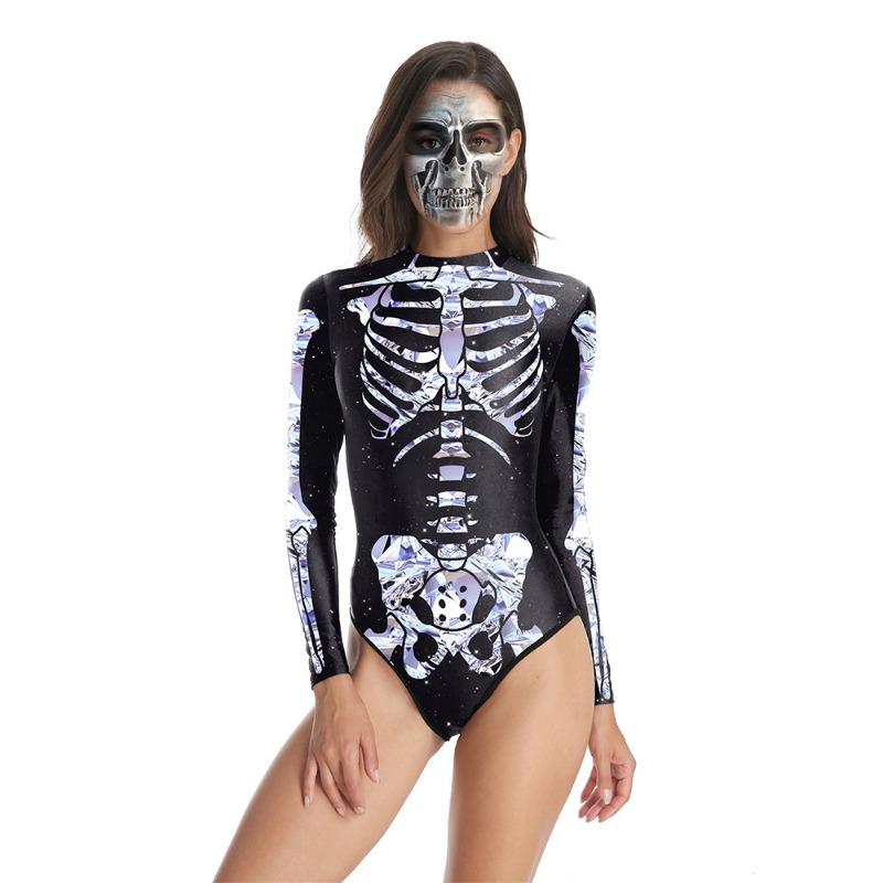 Halloween night new party performance clothes party skeleton body print one-piece triangular swimsuit women