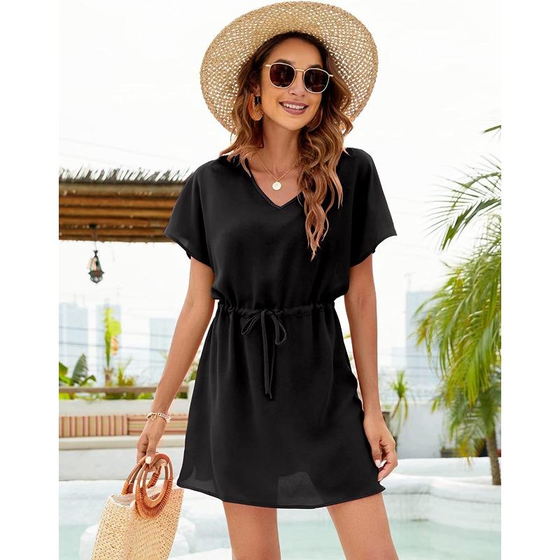 QICED Fashion Summer Spring Solid Color Print Short Sleeve V-Neck Casual Dresses