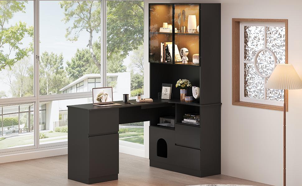 Corner desk with shelf and LED display cabinet 120×80×180 cm - desk with cable grommet, 3 drawers, 2 doors, open compartments