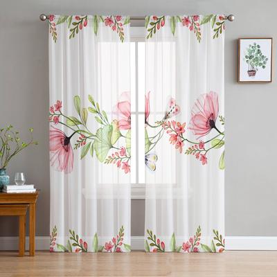Poppy Flower Butterfly Plant Sheer Curtains For Living Room Bedroom Home Decor Kitchen Tulle For Windows Voile Drapes