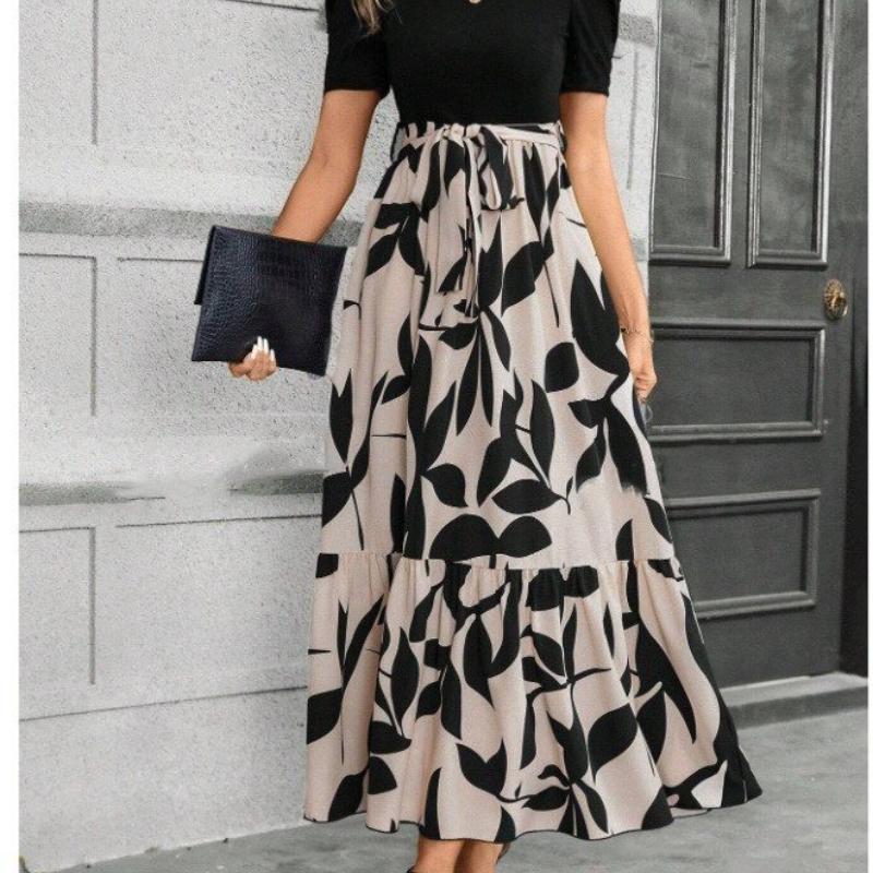 Women S Spring/Summer Fashion: Popular Floral Print Round Neck Dress Exotic Vacation Style Elegant Dress S чёрный