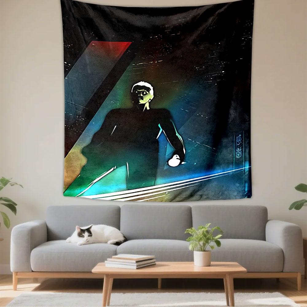 White Hair Cyberpunk Man Tapestry Wall Hanging, Rainy Neon City Silhouette Art, Futuristic Wall Decor for Bedroom Living Room Dorm