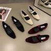 NewElegant Pearl Buckle Velour Mary Jane Shoes Woman Concise Velvet Ballet Flats Ladies Evening Party Low Heel Pumps In Wine-Red