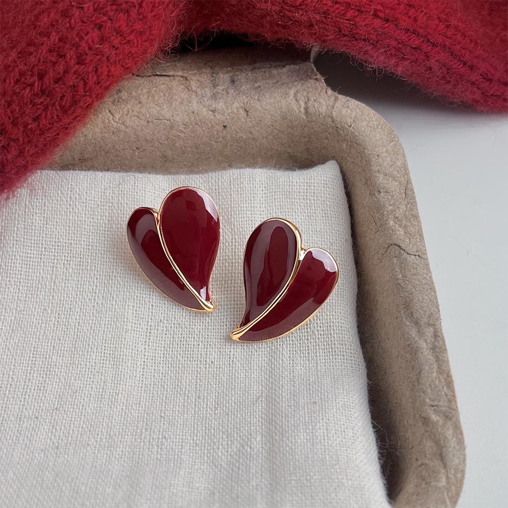 Ankela Red Fireworks Court-Style Love Heart Zirconia Stud Earrings - Wine Red Drip Glaze, Niche Luxury