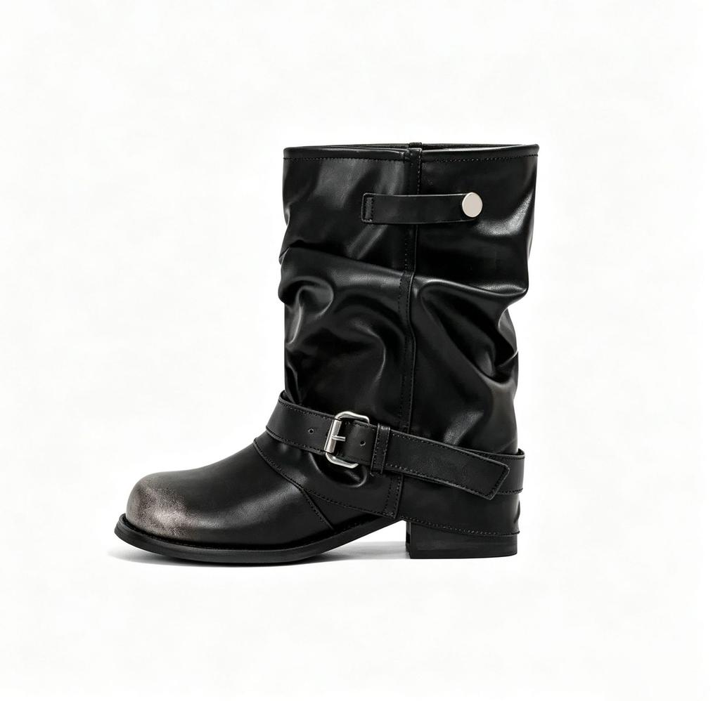 [Beauty Boot Expert] Black And Gray Buckle Strap Stacking Boots Short Pleated Ss Korean Niche Design Trouser Tube Boots