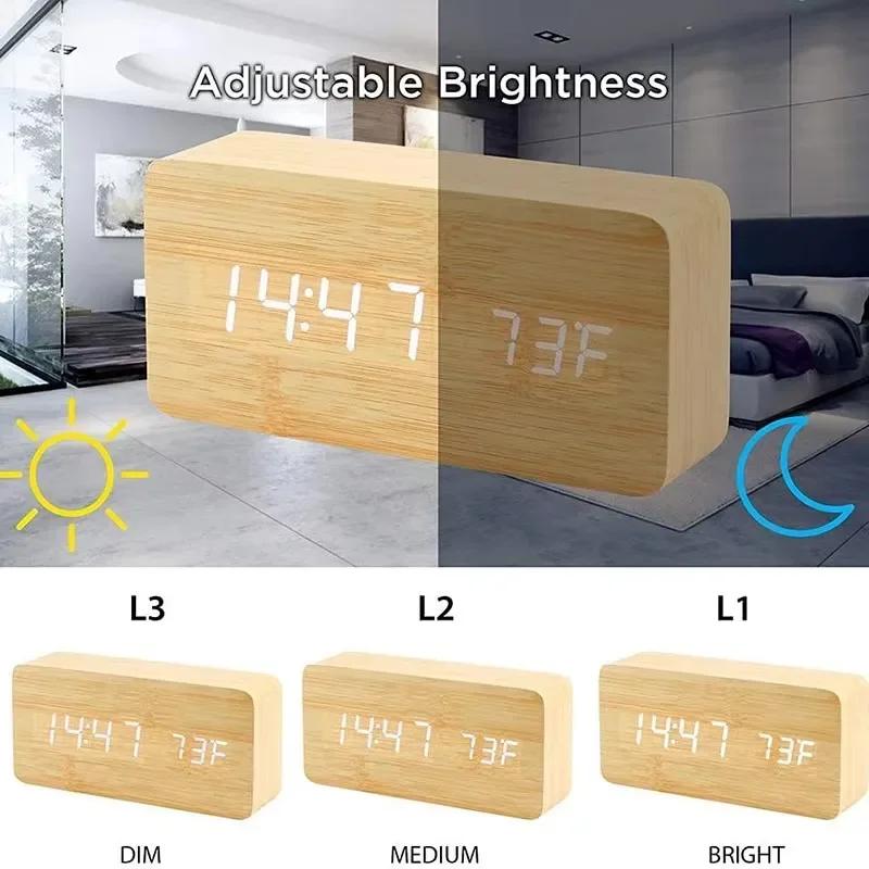Luminous Wooden Clock Digital Alarm LED Display Electronic Rectangle Desk Table Clocks Temperature Timer Multi Function Eco