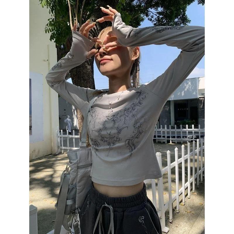 Slim Long Sleeve Blouse Ladies Temperament Spring and Autumn O Collar Printed Thin Blouse Grey