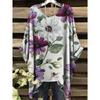Damen Sommer Böhmisches T-Shirt mit Blumendruck Vintage Helllila Y2k Grafik Rundhals Kleidung Elegant Frau Kurzarm Top