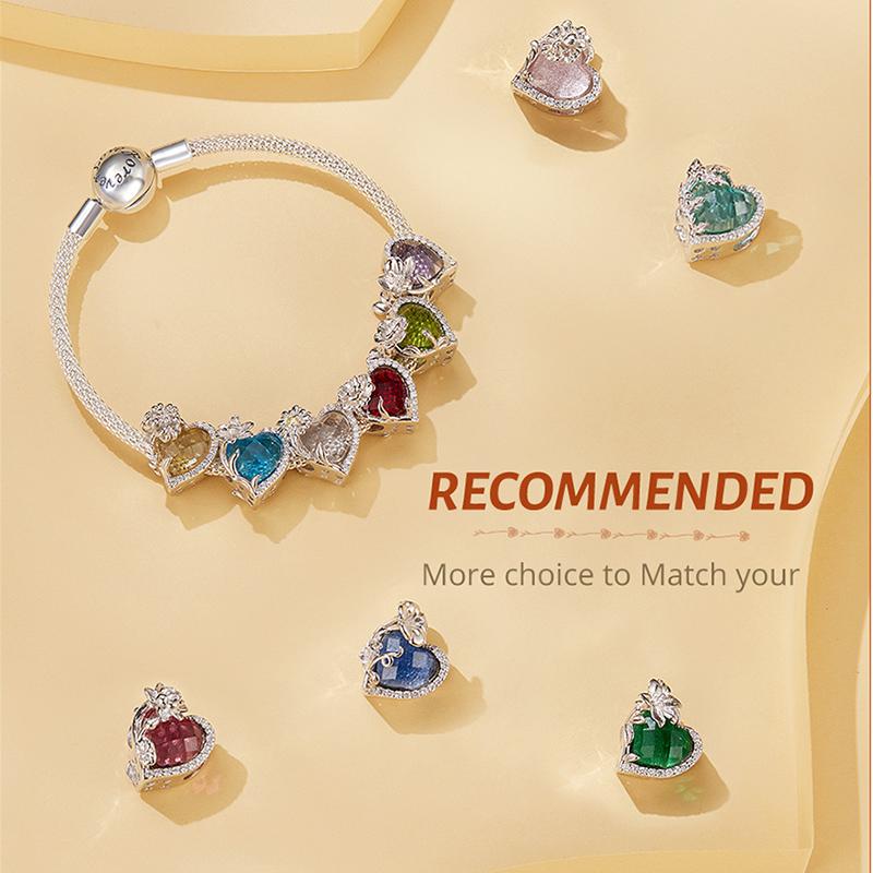 WOSTU Real 925 Sterling Silver Birthstone Beads Multi Color Crystal Zircon Heart Shape Flower Charms for Women Birthday Gift