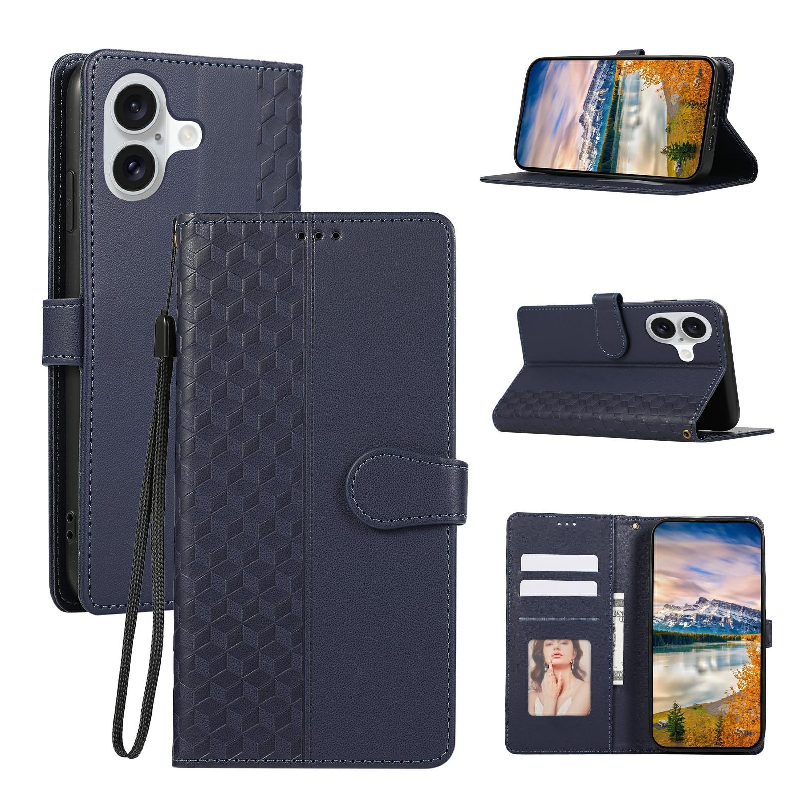 

Для iPhone 17 Чехол 3D Ромбовидная Сетка Тисненый Кожаный Чехол-кошелек для Телефона со Шнурком Blue