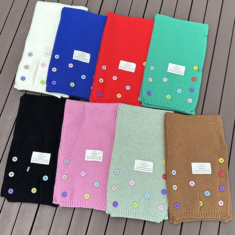 Luochi Knitting~Cute Button Korean Style Wool Scarf – Versatile, Thickened Neck Warmer, Solid Color, Sweet Winter Accessory.