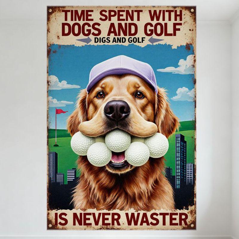 Винтажная жестяная табличка Время, проведенное с собаками и на гольфе Золотистый ретривер Мячи для гольфа Декор для дома Офиса Мужской уголок 20x30cm（7.8x11.8inch）