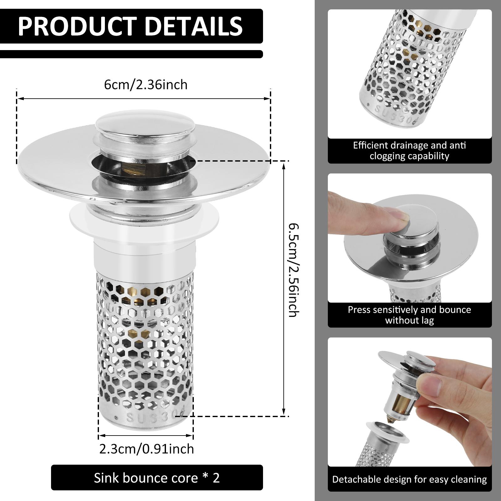 Bathroom Sink Stopper Filter Rust Resistant Drain Strainer Anti Clogging Sink Stopper Filter Basket Easy to Clean for Kitchens silver