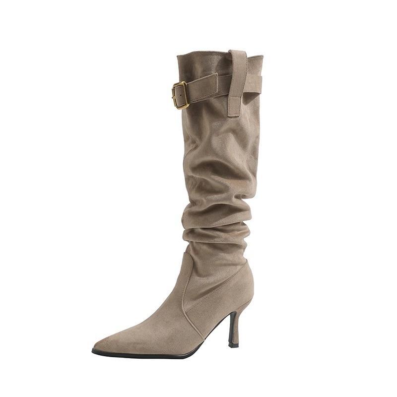 Autumn and winter new pointed thin heel thin boots women's stacking boots belt buckle pleated high heel long tube thin boots