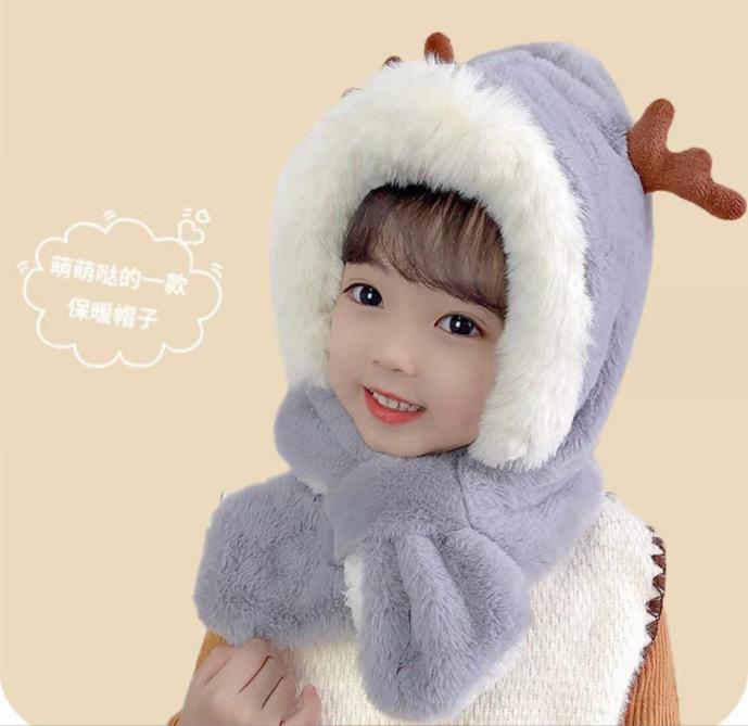 Autumn and Winter Children's Scarf Integrated Baby Plush Cute Boys and Girls Scarf Ear Cap Winter Plush Baby