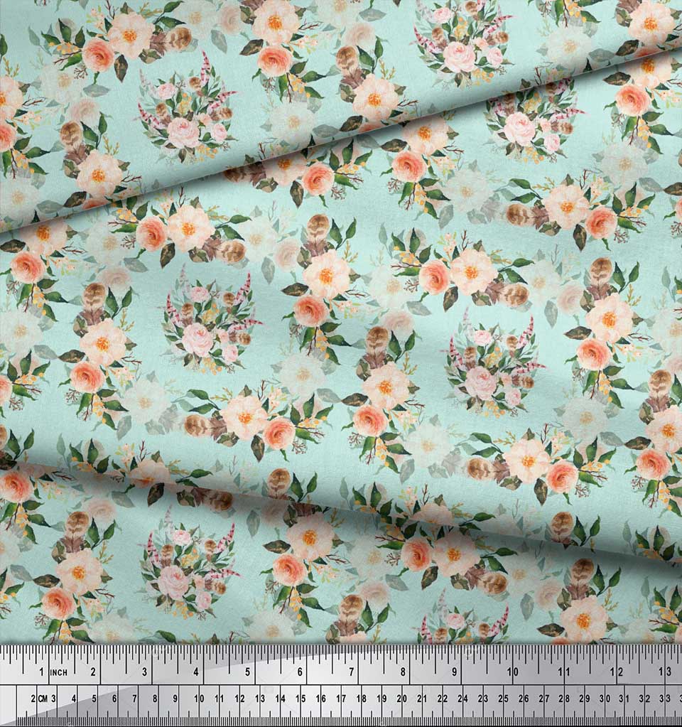 Soimoi Blue Poly Crepe Fabric Begonia & Peony Floral Print Fabric by the Yard 42 Inch