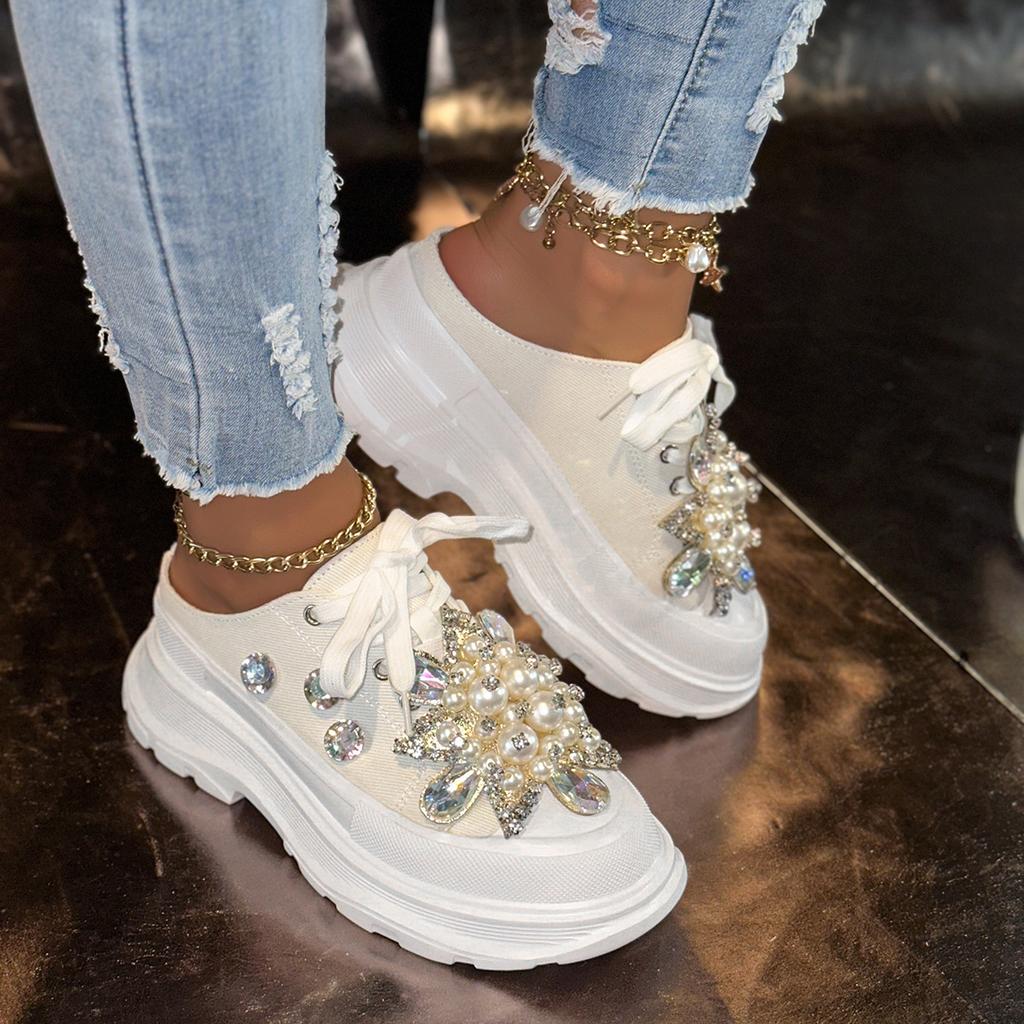 Shoes for woman Luxury Crystals Lace-up Toe Platform Slippers Sandals Rhinestone Slides Canvas Bling Shoes Wedge Thick Sole