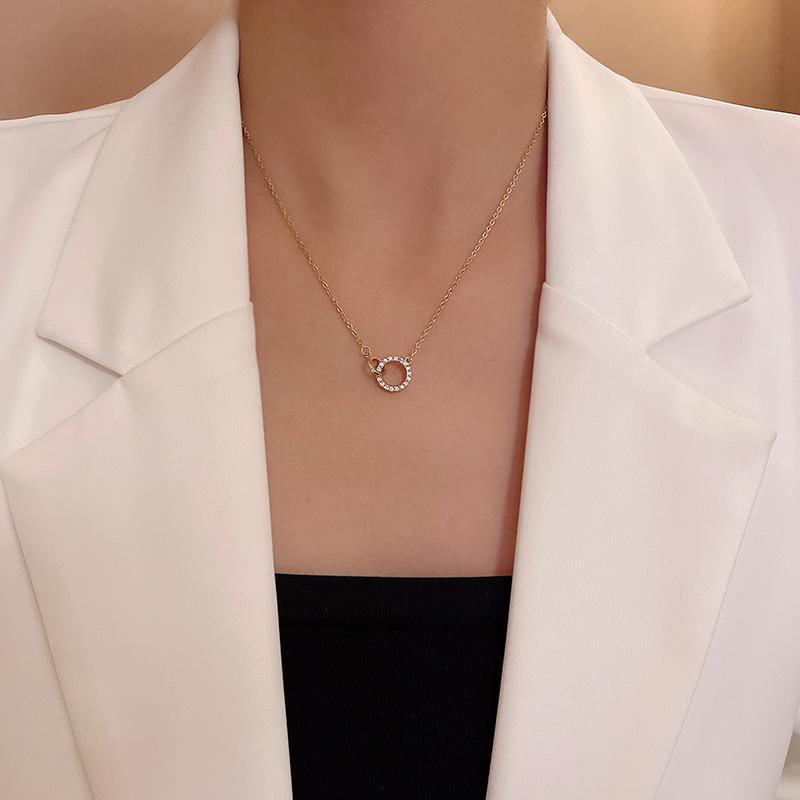 Luxus Mode Goldfarbe Edelstahl Zirkon Doppelring Anhänger Halsketten Für Frauen Charme Braut Halsband Party Schmuck Geschenk