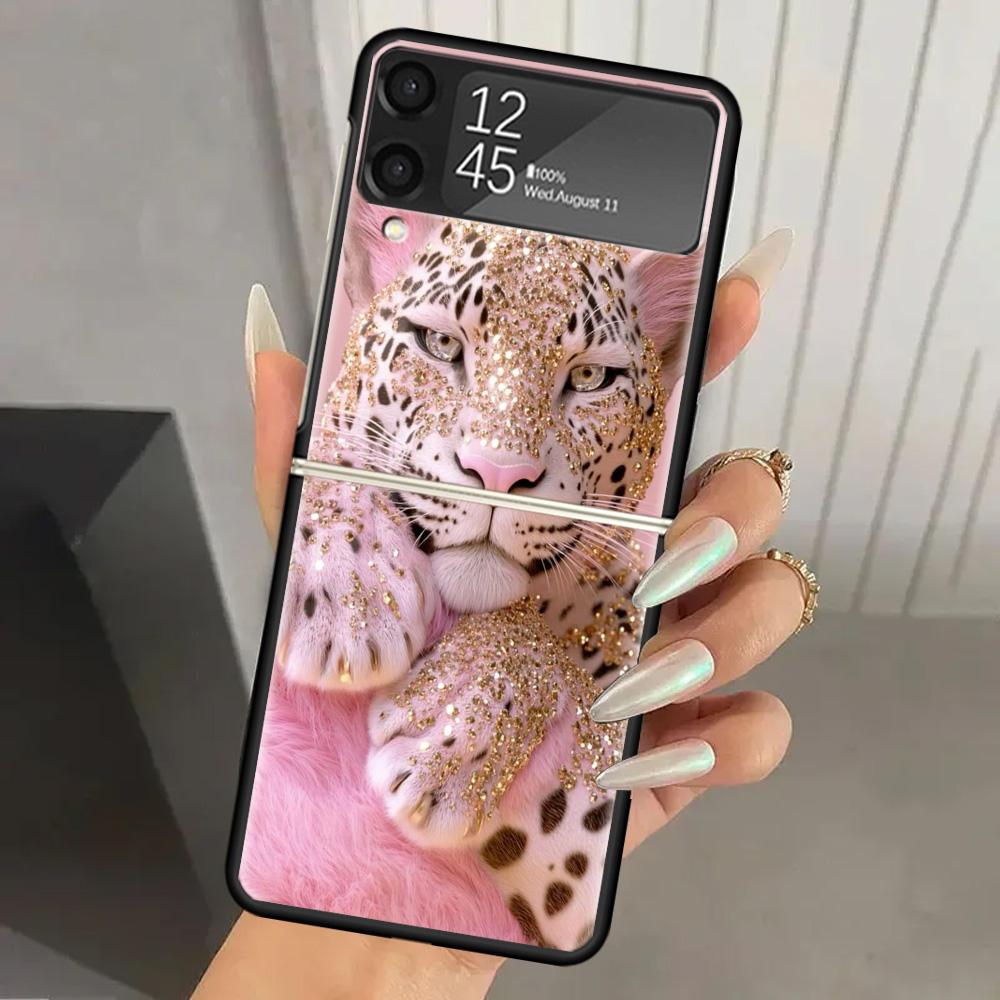 Pink Leopard Print Hard PC Phone Case For Samsung Galaxy Z Flip 7 6 5 4 3 Black ZFlip7 ZFlip6 Flip5 Flip4 Flip3 5G Print Cover
