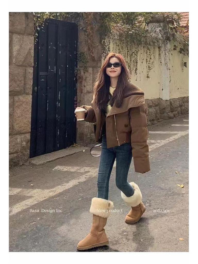 Women's Knitted High Neck Petite Winter Down Jacket - Trendy White Duck Down Streetwear Coat