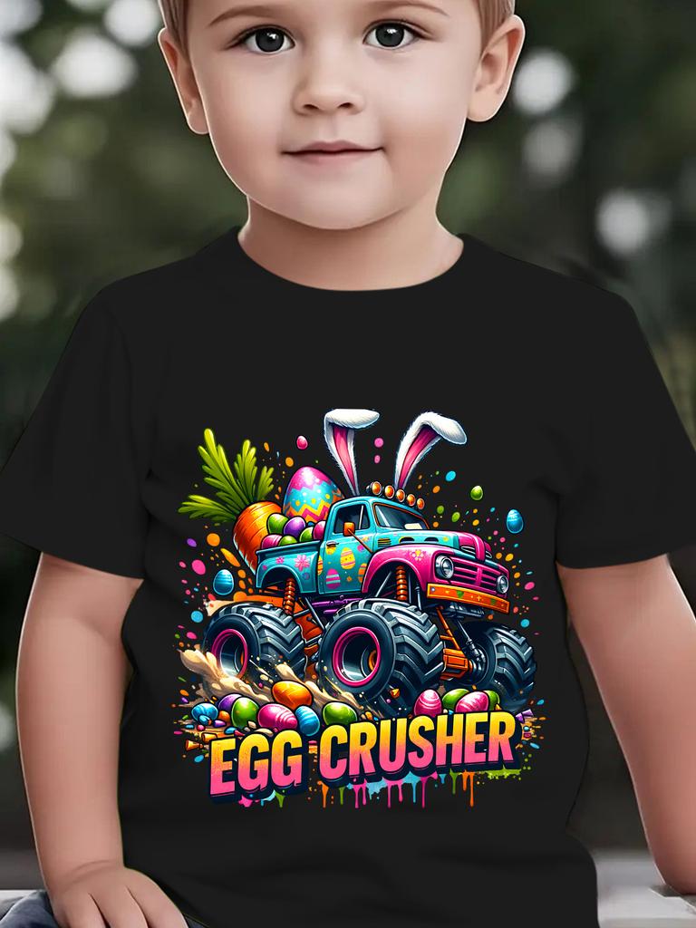European sizes Easter Boys Fashion Short Sleeve T-Shirt with Rabbit Ears Print Casual Summer Top Crew Neck Slight Stretch Fabric Kids Clothing