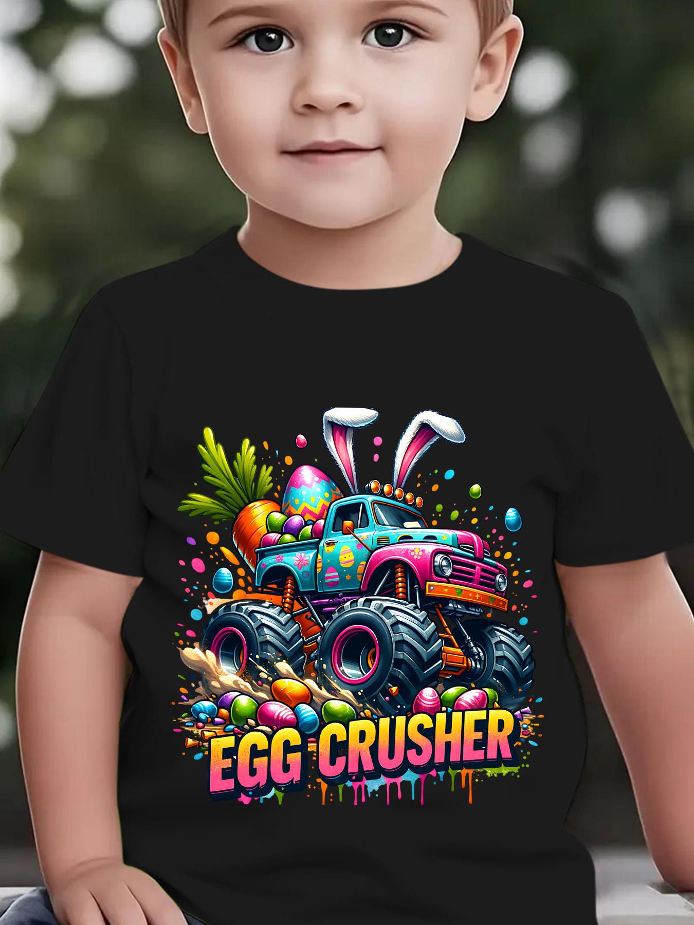 European sizes Easter Boys Fashion Short Sleeve T-Shirt with Rabbit Ears Print Casual Summer Top Crew Neck Slight Stretch Fabric Kids Clothing 98cm