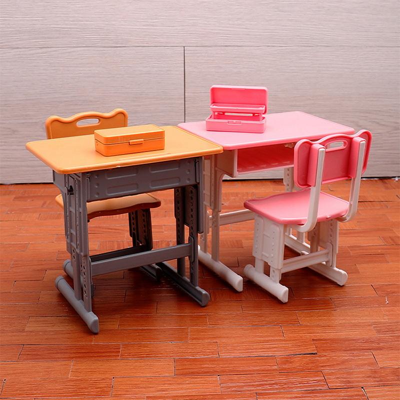 Dollhouse Mini Classroom Desk Chair Simulated Stationery Pencil Case Set Model For Doll House Furniture Decoration Accessories
