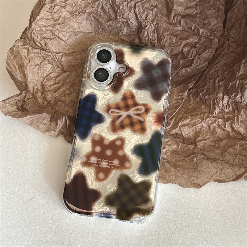

Korean Autumn/Winter Polka Dot Plaid Star Case for iPhone 17 Pro Max, 16, 15/14, Double Layer 14