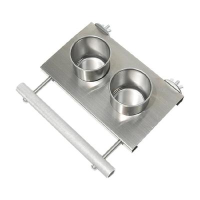 Comedero doble de acero inoxidable para loros con percha para mascotas pequeñas. Accesorios para masticar y beber.