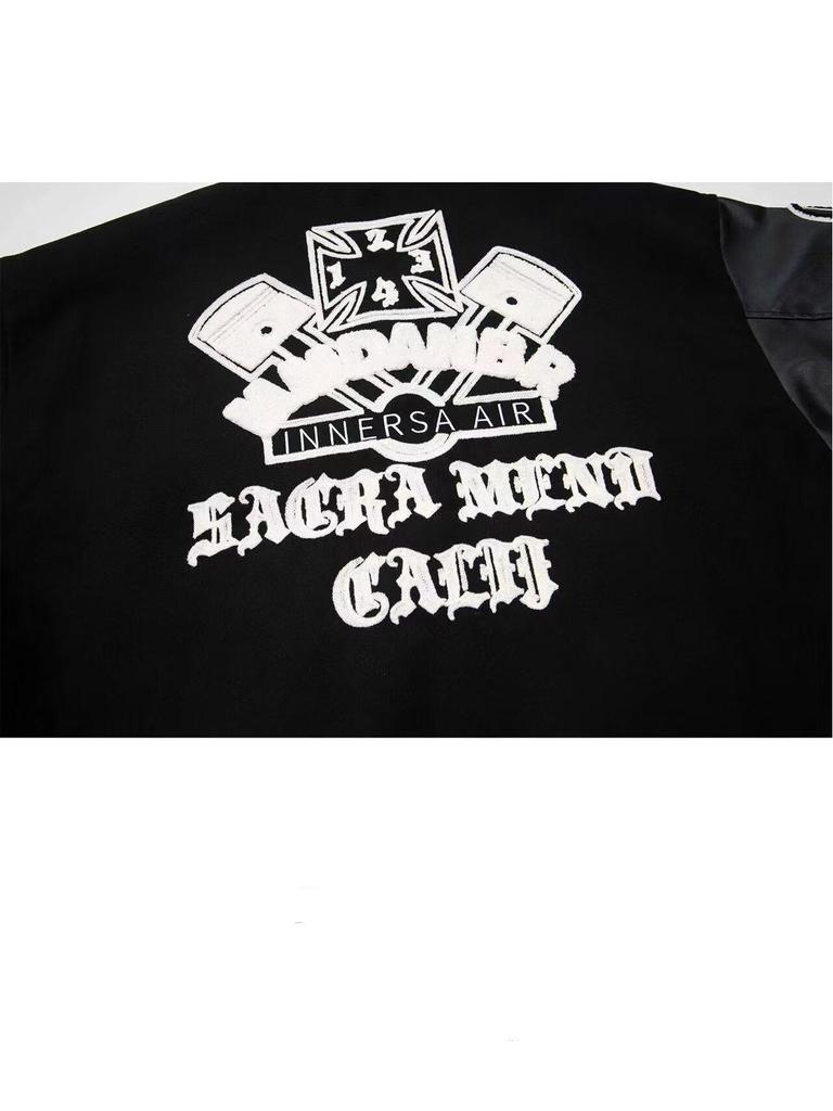 Męska Wysokiej Jakości Czarna Pikowana Kurtka Baseballowa z Naszywkami - Wszechstronna i Modna Odzież Wierzchnia