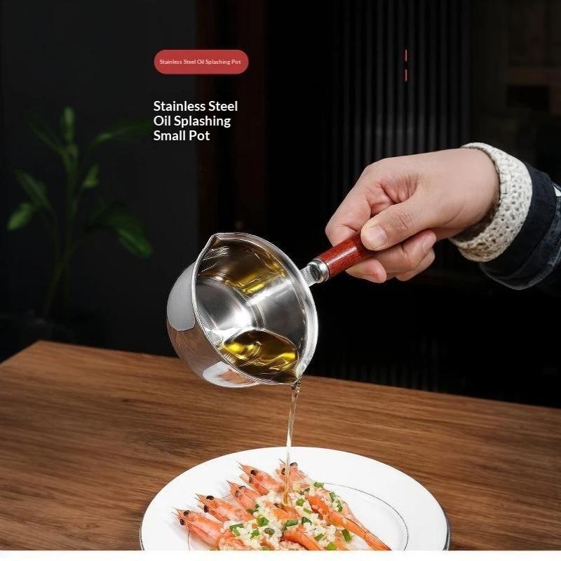 BPA Free Stainless Steel Oil Pot Fast Heating Anti-Scald Wooden Handle Dripless for Home Kitchen Seasoning Oil Pouring