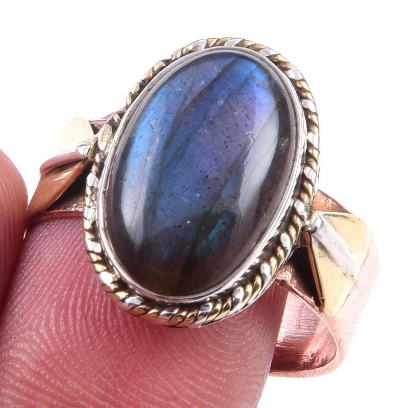 

Natural Labradorite Gemstone 925 Sterling Silver Two Tone Ring Size 10.5 G4y37