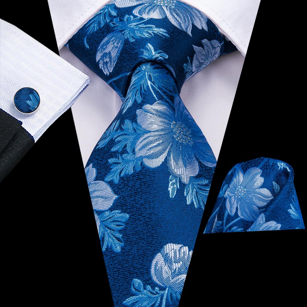Hi-Tie módní pánská modrá oranžová proužkovaná kravata Hanky ​​manžetové knoflíčky pro obchodní svatbu