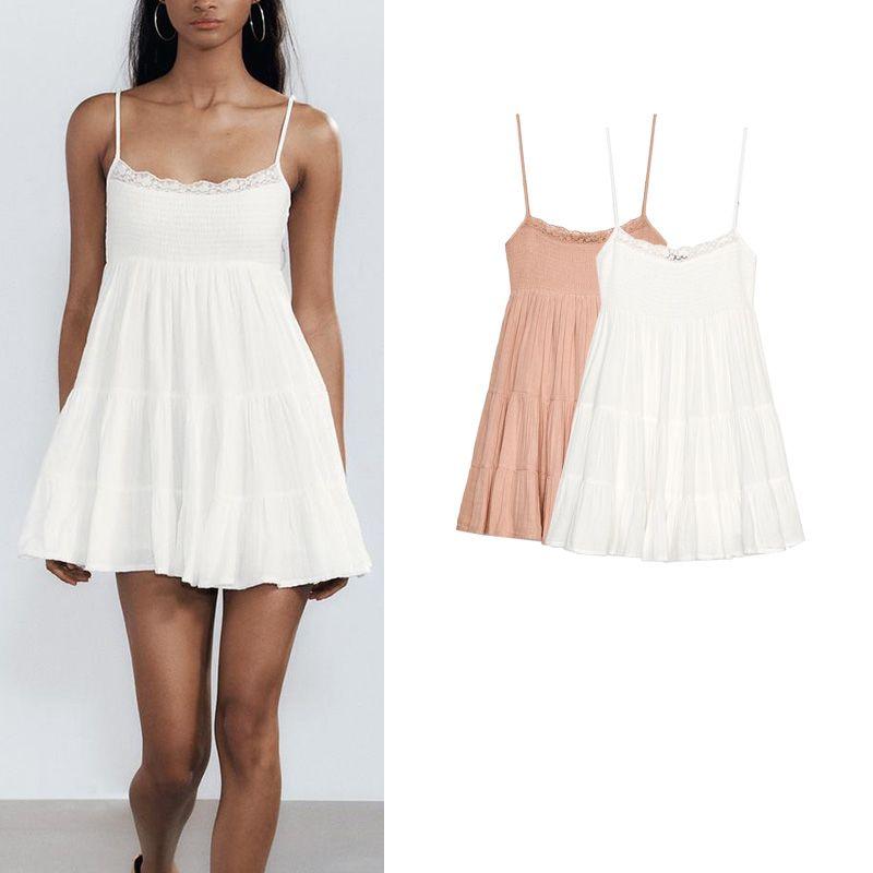 Summer New Product Women's Clothes Minimalist Straight Collar Sleeveless Patchwork Lace Decorative Tulle Short Dress 0881319