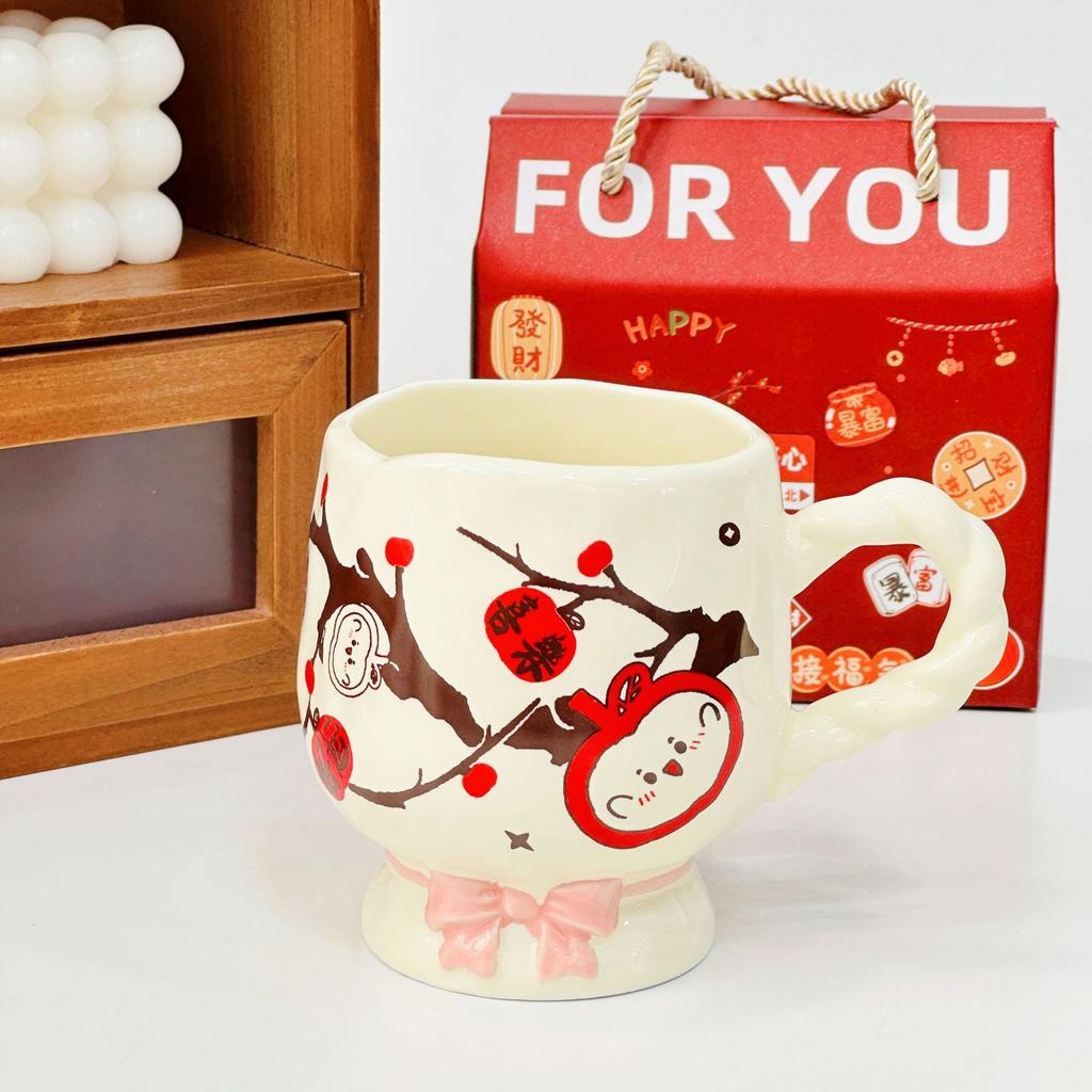 Large Capacity Water Cup Student Cup Cute Bow High Legged Ceramic Cup with Lid Mug High Appearance