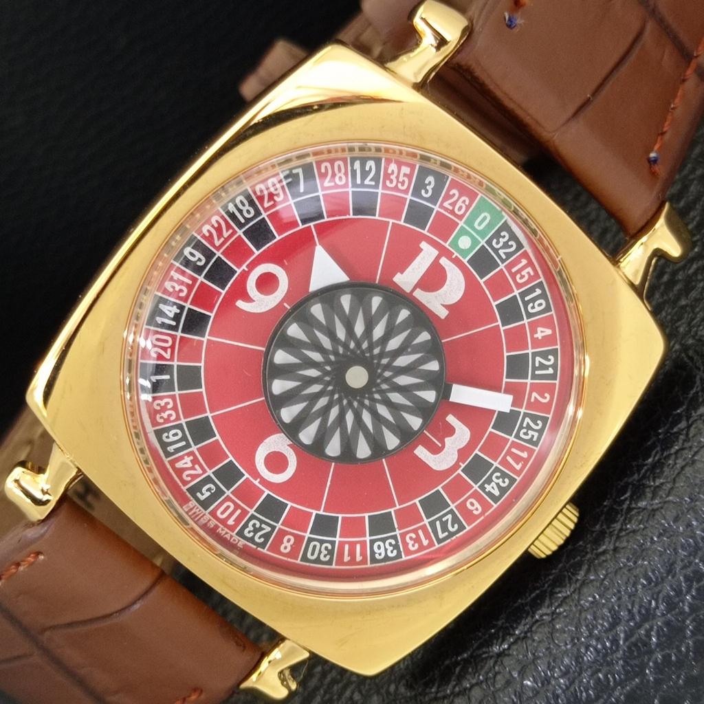 HAND-WINDING VINTAGE SWISS MENS POKER FACE RED COLOR DIAL WATCH a701111-5 R205b-a701111