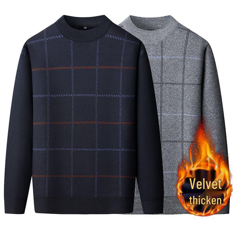 Warmer Herren-Pullover mit Karomuster und Plus-Samt für mittleres und älteres Alter (50er-60er Jahre) - Herbst/Winter Rundhals Basisschicht