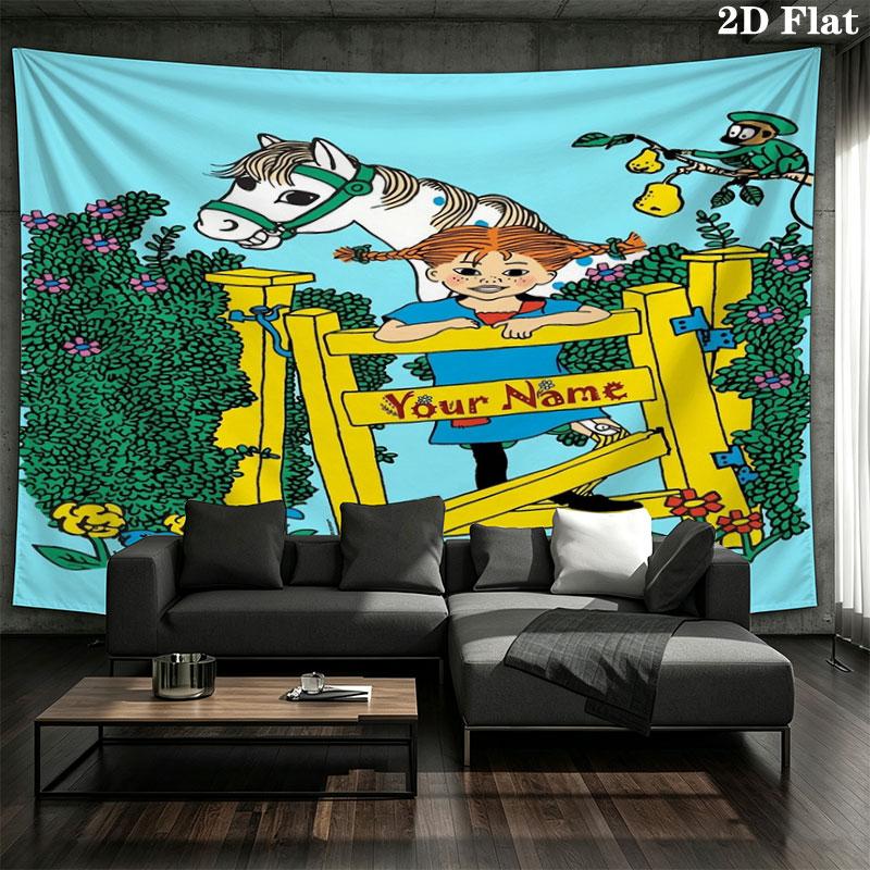 Pippi Longstocking Custom Name Wall Tapestry Aesthetic Wall Hanging Printed Fabric Blanket Decorative Tapestries for Bedroom Living Room Home Decor